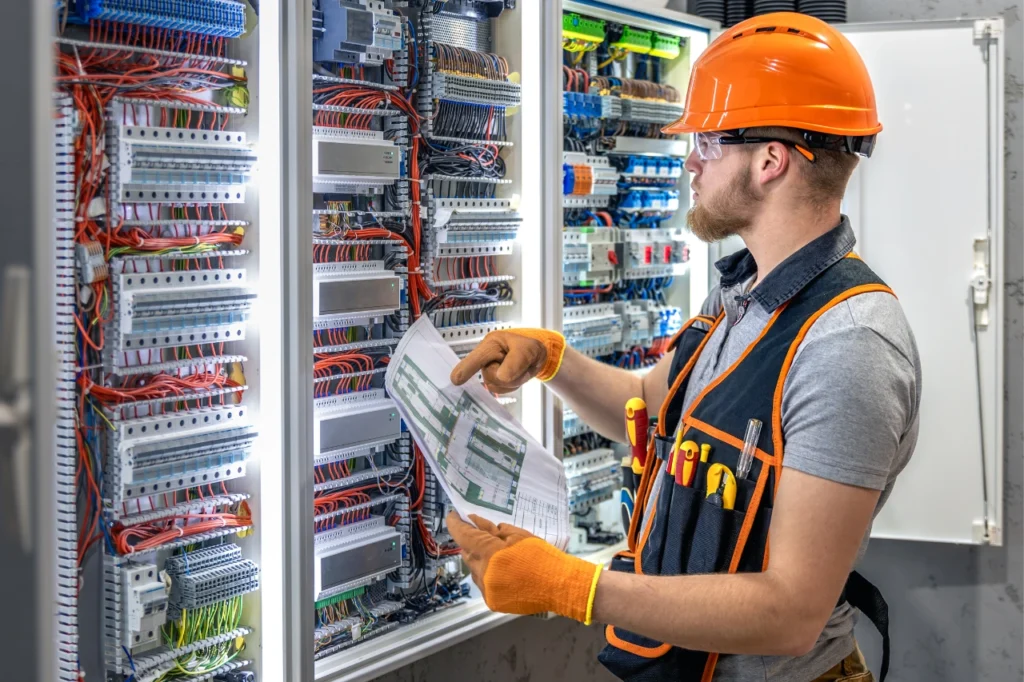 Electrician inspecting industrial control panel